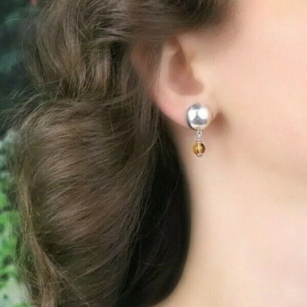 Sterling Silver Button Earrings with Yellow Glass Bead Dangle Drop Earrings - Picture 2 of 7